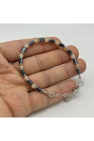 Yıldız Doğal Taş Sitrin ve Hematit Doğal Taş Gümüş Bileklik 4 MM