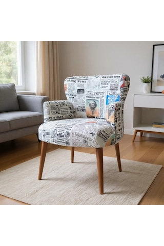 Roma Modern Tekli Koltuk Berjer - Dijital Baskılı Kumaş - Ahşap Ayak - Gazete Desen Gazete Desen
