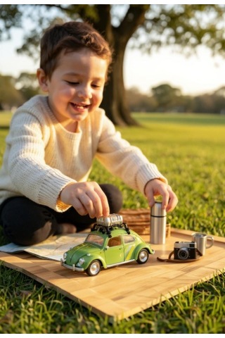 Klasik Işıklı Sesli Metal Araba - Yeşil Valizli Retro Beetle Çok Renkli