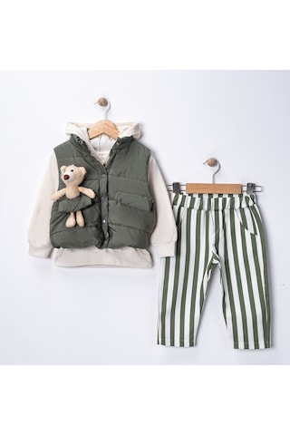Harika Kids Erkek Bebek 3 Lü Takım 9-24 Ay Şişme Yelek %100 Pamuk Sweatshirt Gabardin Pantolon Yeşil