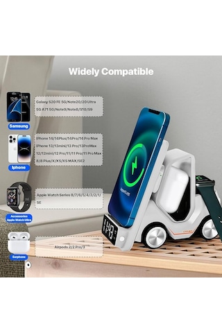 T20 15w 5 İ 1 Arada Magsafe Kablosuz Şarj İstasyonu, Dijital Saatli Forklift Tasarım, İphone 16/15/14/13/12, Apple Watch, Airpods Uyumlu Masaüstü Hızlı Şarj Standı Beyaz