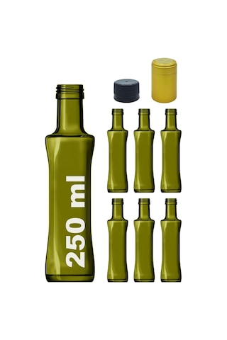 Kalın Cam Şişe Seti, 250 Ml, Yağdanlık Akıtıcılı Kapaklı, Yağlık Ve Sirkelik, Kapüşonlu, 6 Adet, Yeniden Kullanılabilir Yeşil, Geolive Kavisli Çok Renkli