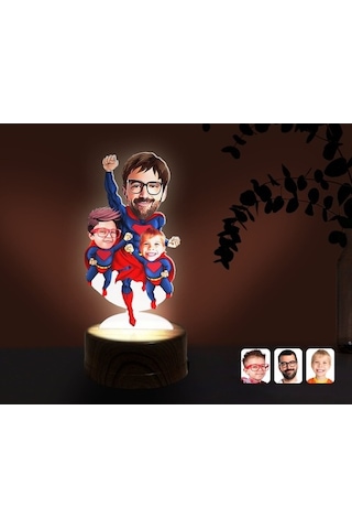 Kişiye Özel Süper Baba Ve Çocuklar Karikatürlü Dekoratif 3D Biblo