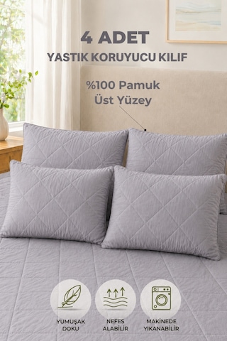 Formeya Pamukkale Alez Gri %100 Pamuk Kapitone Yastık Koruyucu Alez 4 Adet 50X70