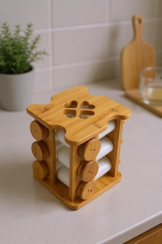 Bambum Festival - Bambu Standlı 12'li Dönen Baharatlık Ahşap - Beyaz