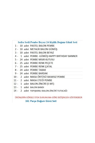 Sofra Setli Pembe Beyaz 24 Kişilik Doğum Günü Seti