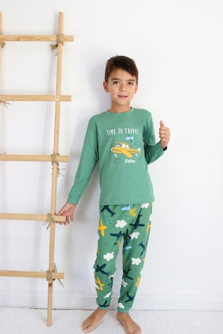 Harika Kids Erkek Çocuk Baskılı İnterlok Kumaş Uzun Kollu Pijama Takımı Yeşil