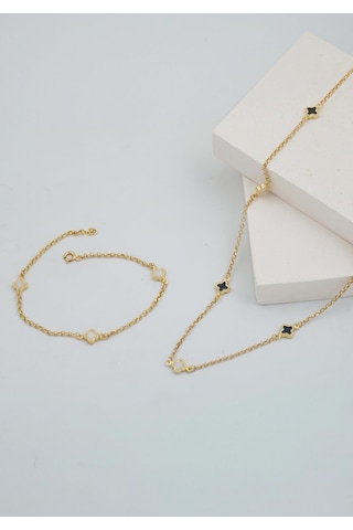 Bilezikci Siyah Beyaz Yoncalı 14 Ayar Altın Set