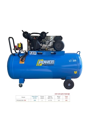 Power PV2065/200-3M  200 L 220 Volt Monofaze Döküm Kafalı Yağlı Pistonlu Kompresör