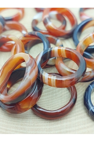 Akik Taşı Yüzük Kahve Siyah Beyaz Alacalı Faset Kesim 6mm Kalınlık 59920 Bakır