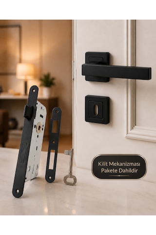 Mat Siyah Kare Rozetli Kilitli Kapı Kolu Oda Kapıları İçin Kilit Mekanizması Dahil - Sessiz Kilitli 40 Mm 23
