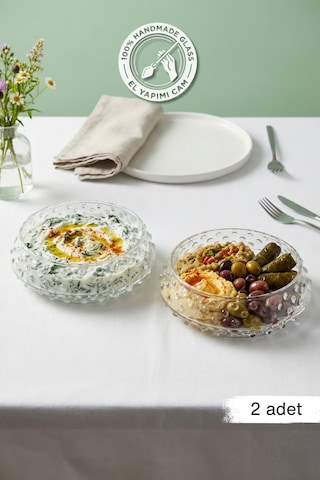 Selen Concept Bubble Model Orta Boy El Yapımı Cam Salata Ve Sunum Kasesi 2'li Set Şeffaf