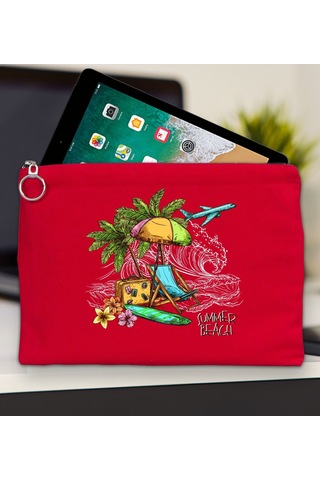 Bk Gift Yaz Temalı-9 Kırmızı Tablet Çantası 30x21cm, Apple iPad Uyumlu Çantası, Baskılı Tablet Kılıfı