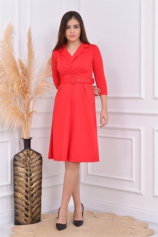 Dip Moda Kadın Kermerli Astarsız Krep Elbise Dpndbks016 Kırmızı
