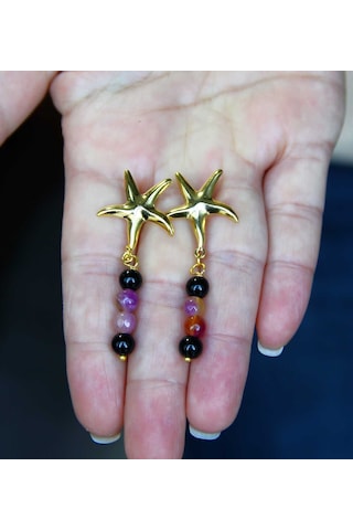 Yıldız Model Altın Kaplama Oniks Ametrin Doğal Taşlı Küpe Kadın Sallantılı Küpe Euku36oa Siyah