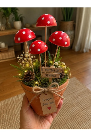 Dekoratif El Yapımı Kırmızı Mantar Saksı Süsü 4 Lü Set
