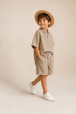 Eray Alp Kids Erkek Çocuk Bej Keten Tişört Şort Takımı Yazlık Günlük Model
