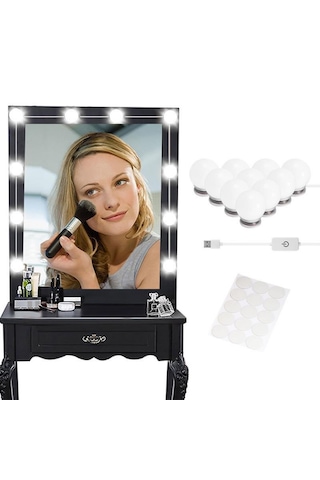 Nostalji Hollywood Tarzı 10'lu Makyaj Masası Aynası Beyaz Led Işıklı Lamba Usb