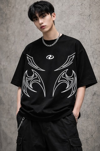Yolo Street Oversize Siyah Beyaz Erkek Tişört Beyaz Tribal Baskılı %100 Pamuk Modern Streetwear Siyah111