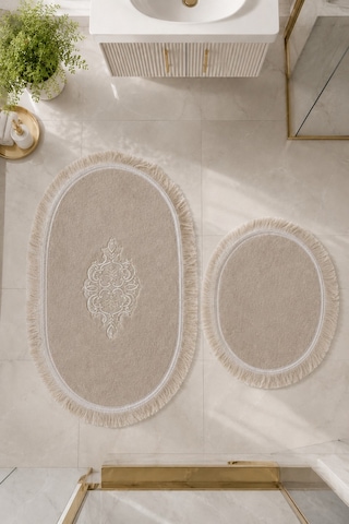 Pudra 2'li Dantelli Kaymaz Deri Tabanlı Oval Banyo Paspası Püsküllü Yıkanabilir Banyo Takımı Simela Vizon