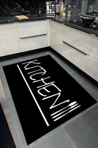 Dijital Baskılı Siyah Kitchen Desenli Dekoratif Yıkanabilir Kaymaz Taban Mutfak Halısı Çok Renkli