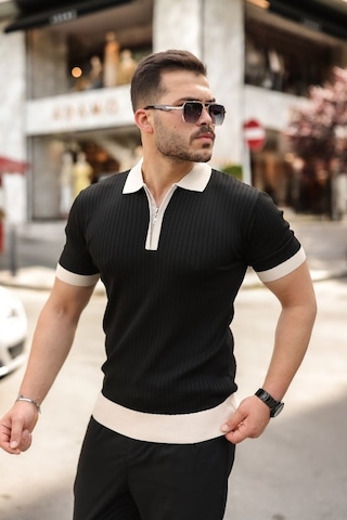 Veraura Lifestyle Erkek Yaka Ve Kol Detaylı Fermuar Yakalı Çizgi Desen Kısa Kollu Triko Tişört Siyah