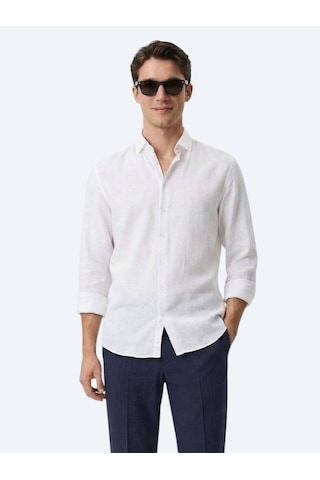 Kip Beyaz Düz Regular Fit Uzun Dokuma Casual Pamuk Karışımlı Gömlek