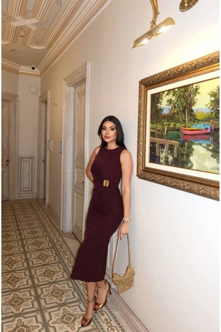Kechi Woman Double Kumaş Aksesuarlı Uzun Elbise Bordo