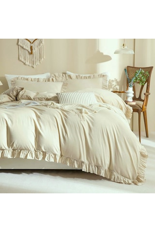 Maki Home Fırfırlı Bej 200x220 Çift Kişilik Nevresim Seti