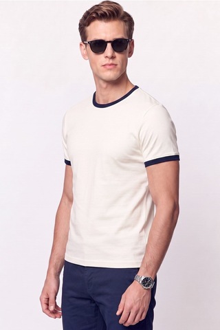 Efor Slim Fit Bisiklet Yaka Ekru - Lacivert Tişört Ts 932 Ekru-lacivert