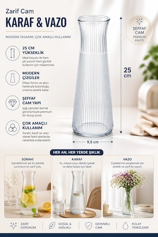 Dekoratif Top Kapaklı Cam Karaf - Modern Çizgili Cam Sürahi Sunumluk Meşrubat Şerbetlik 25 Cm