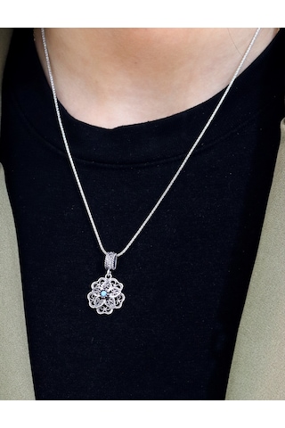 Firuze Taşlı Gül Model Oksitli 925 Ayar Gümüş Telkari Kadın Kolye 201025652
