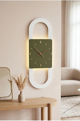 Berlin Ahşap Salon Duvar Saati Pilli Ledli Quartz Ultra Sessiz Mekanizma 28 Cm X 85 Cm Haki