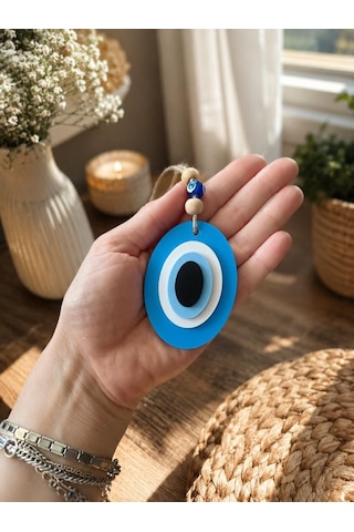 Plastik Nazar Boncuğu Duvar Süsü Dikiz Ayna Süsü Dekoratif Asma Nazar Boncuğu İpli Mavi Ev Ofis Araç Süsü 7x5 Cm