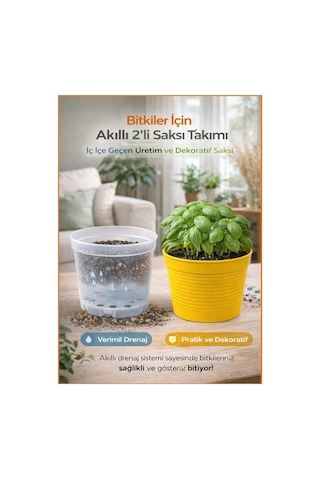 2'li Saksı Seti - 15 Pot Üretim + 1,8 Litre Sarı Dekoratif Kırılmaz Saksı Tabaksız Uyumlu