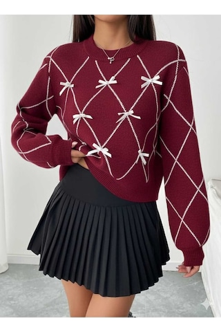 Sayzen Your Shine Baklava Desenli Kurdele/fiyonk Detayli Triko Kazak Sy-001kzk-gri Bordo