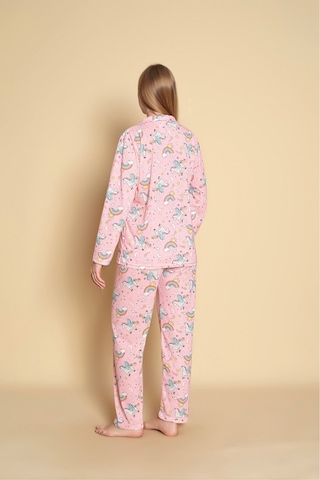 Kadın Desenli Düğmeli Uzun Kol Pijama Takımı Pembe