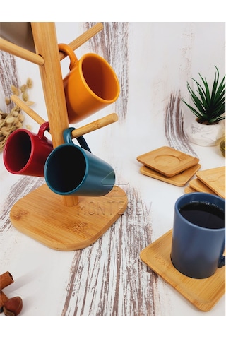 Ahşap Bardak Fincan Askılığı 6 Ad. Kupa Bardak Altlığı 2li Set Ahşap