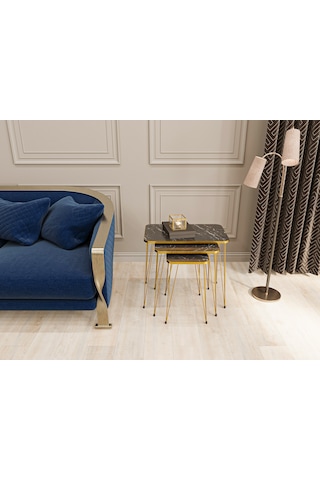 Zigon Sehpa 3'lü Dikdörtgen Gold Tel Ayaklı Siyah Mermer-Gold