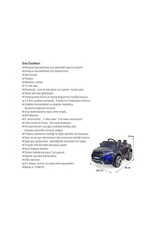 Raptor Gt 12 Volt Uzaktan Kumandalı Mp3 Bluetooth Destekli Otomatik Fren Sistemli Çocuk Akülü Araba Siyah