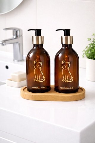 Buççin Online Mağaza Amber Cam Sabunluk Seti 2 Li Bambu Standlı Mutfak Deterjanlık Ve Banyo El Sabunluğu 500 Ml Cam Kah Çok Renkli