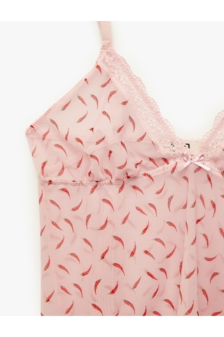 Koton Dantel Detaylı Fiyonklu İnce Askılı Pijama Üstü Pembe Desenli 6slk90066mk