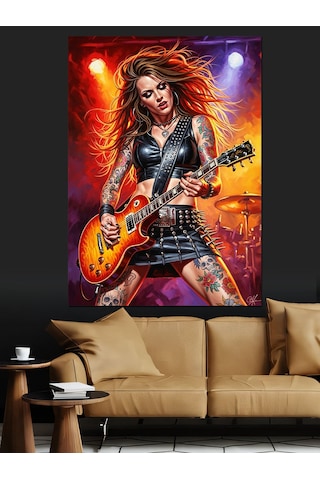 Ahşap Tablo Kırmızı Saçlı Gitarist Kadın