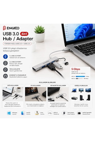 Usb 3.0 Giriş 4ın1 Usb Çoğaltıcı 4 Anahtarlı Port - Hı-speed Usb 3.0 - Usb 2.0 Hub Adaptör Ekd-uh60 Bx40