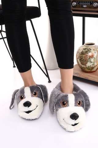 Wordex Hayvanlı H10 Köpekli Kışlık Kadın Erkek Çocuk Panduf Ev Içi Sessiz Taban Panduf Gri