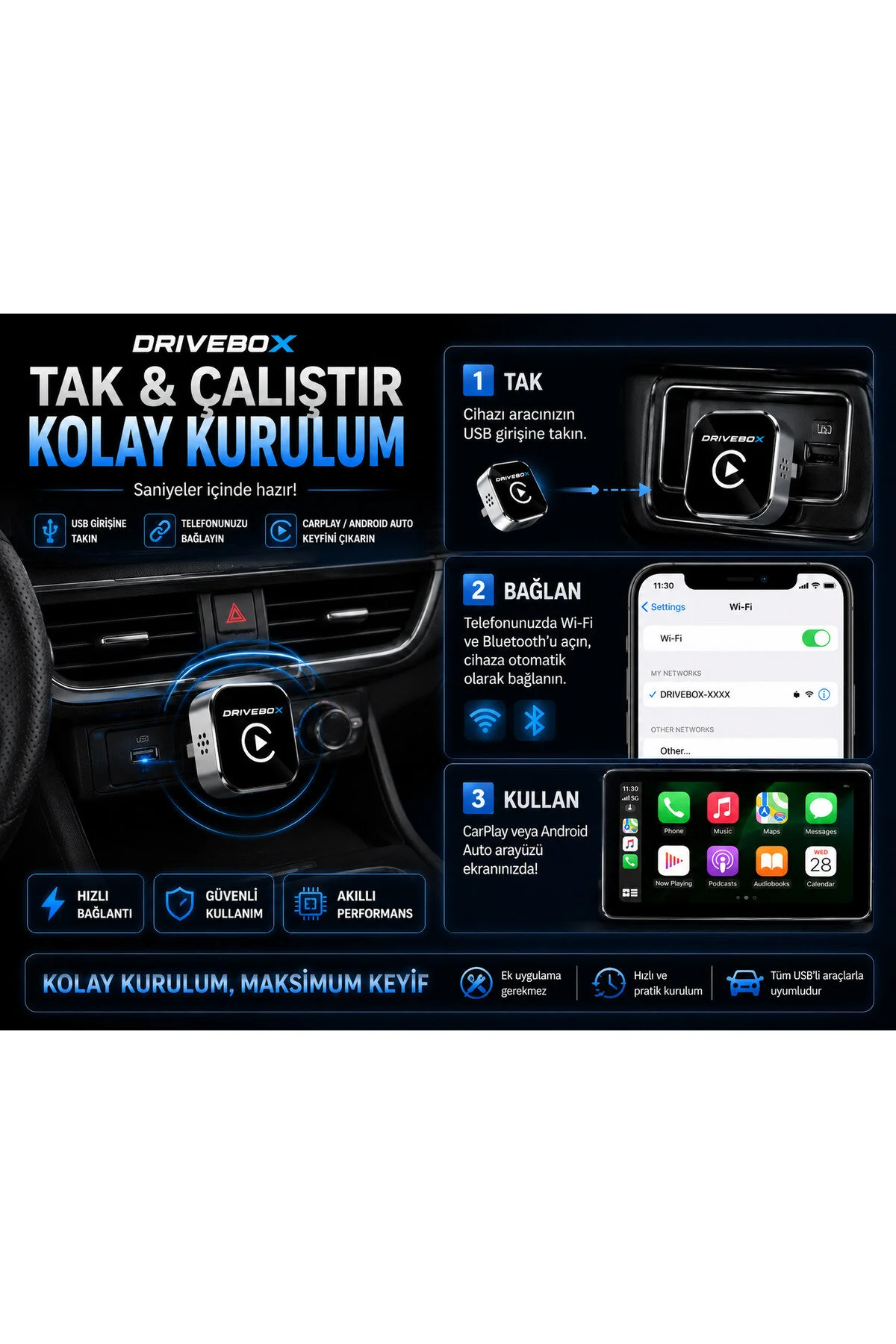 Kablosuz Carplay Android Auto Adaptörü Ekran Yansıtma Screen Mirroring Youtube Destekli Usb Tak Çalıştır Diğer