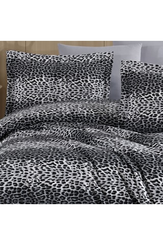 Tek Kişilik Leopar Desen Nevresim Takımı 160x220 2 Yastık Kılıfı Lastikli Çarşaflı 120x200+30 Gri