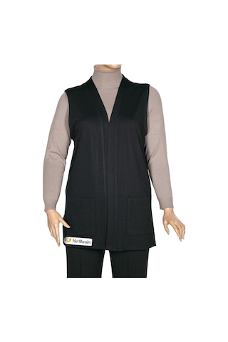 Hesna Kadın Buğra Cepli Düğmesiz Siyah Yelek Siyah