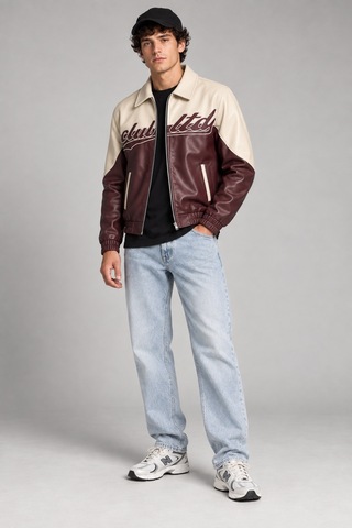 Maison Rae Erkek Bordo, İçi Kürklü, Çift Renkli, Yazı Detaylı,oversize Suni Deri Bomber Ceket