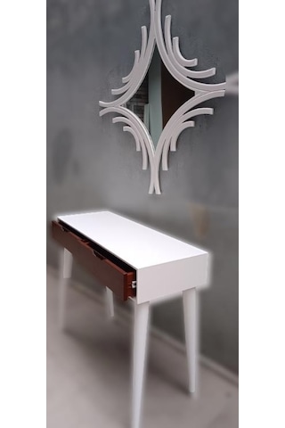 Dresuar Ahşap Kayın Retro Ayak Çift Çekmece CNC Ayna Beyaz Ceviz El Yapımı Beyaz - Ceviz